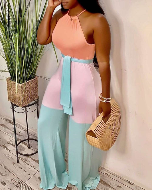 Halter contrast color sleeveless jumpsuits