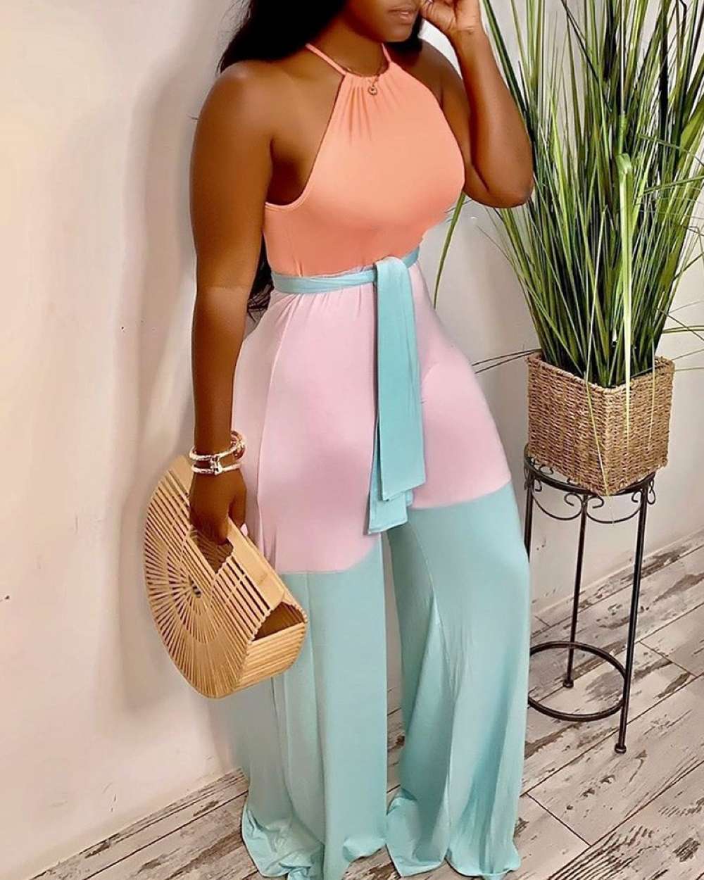 Halter contrast color sleeveless jumpsuits