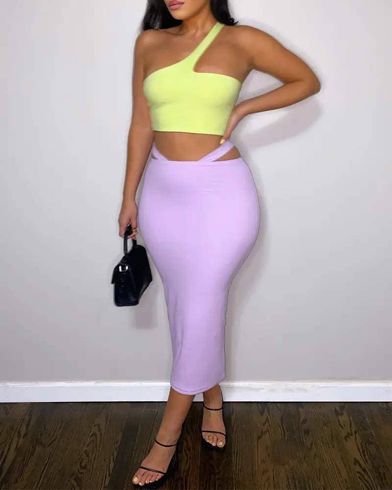 Ribbed crop top cutout waist skirt set