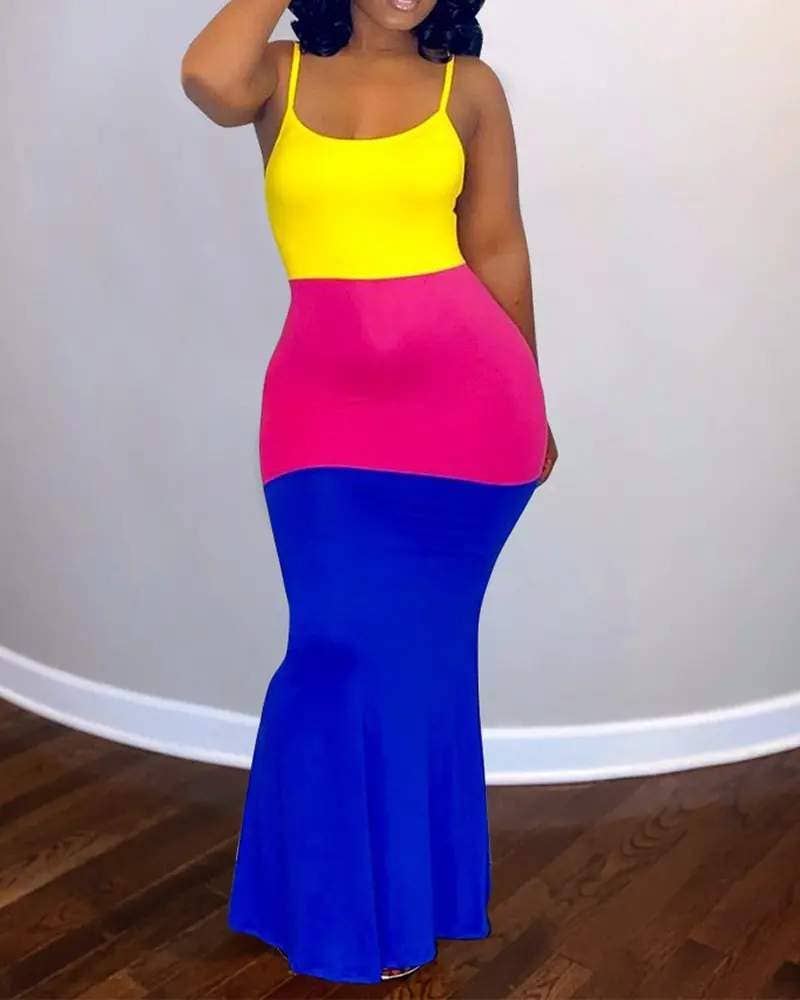 Colorblock ruffle hem spaghetti strap maxi dress