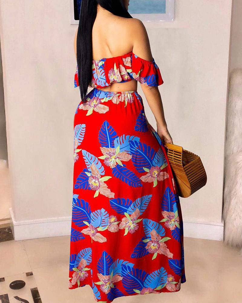 Tropical print crop top high slit maxi skirt set