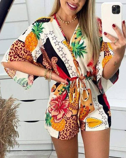 Floral star print vneck drawstring romper