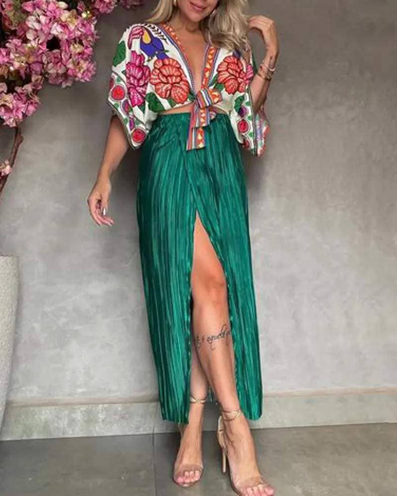 Floral print tied detail top high slit skirt set