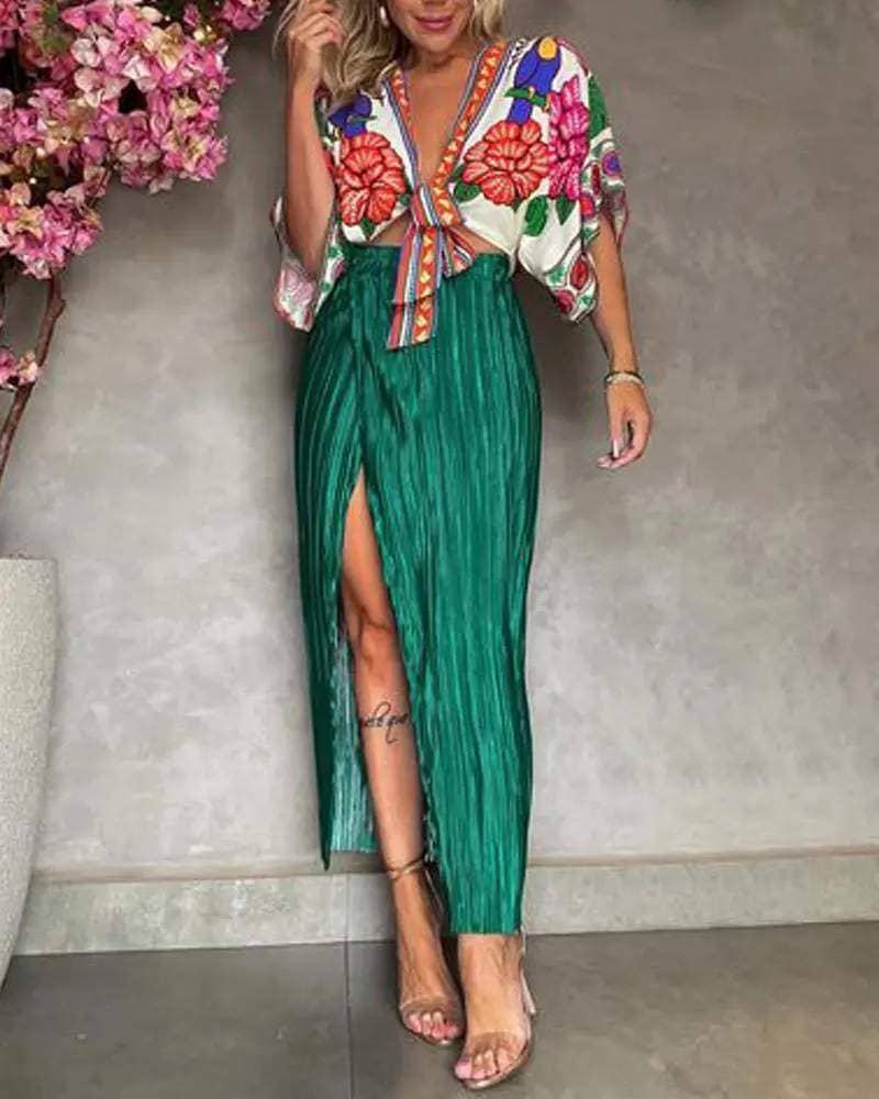 Floral print tied detail top high slit skirt set