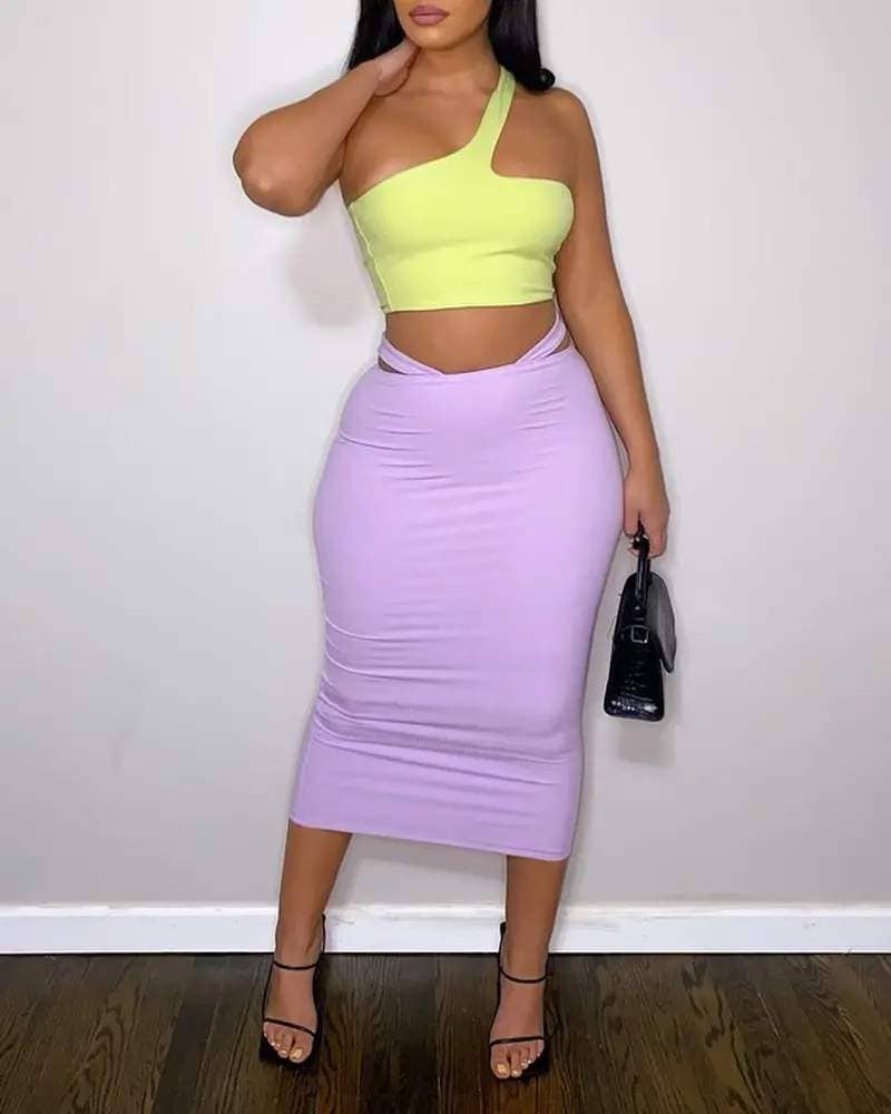 Ribbed crop top cutout waist skirt set